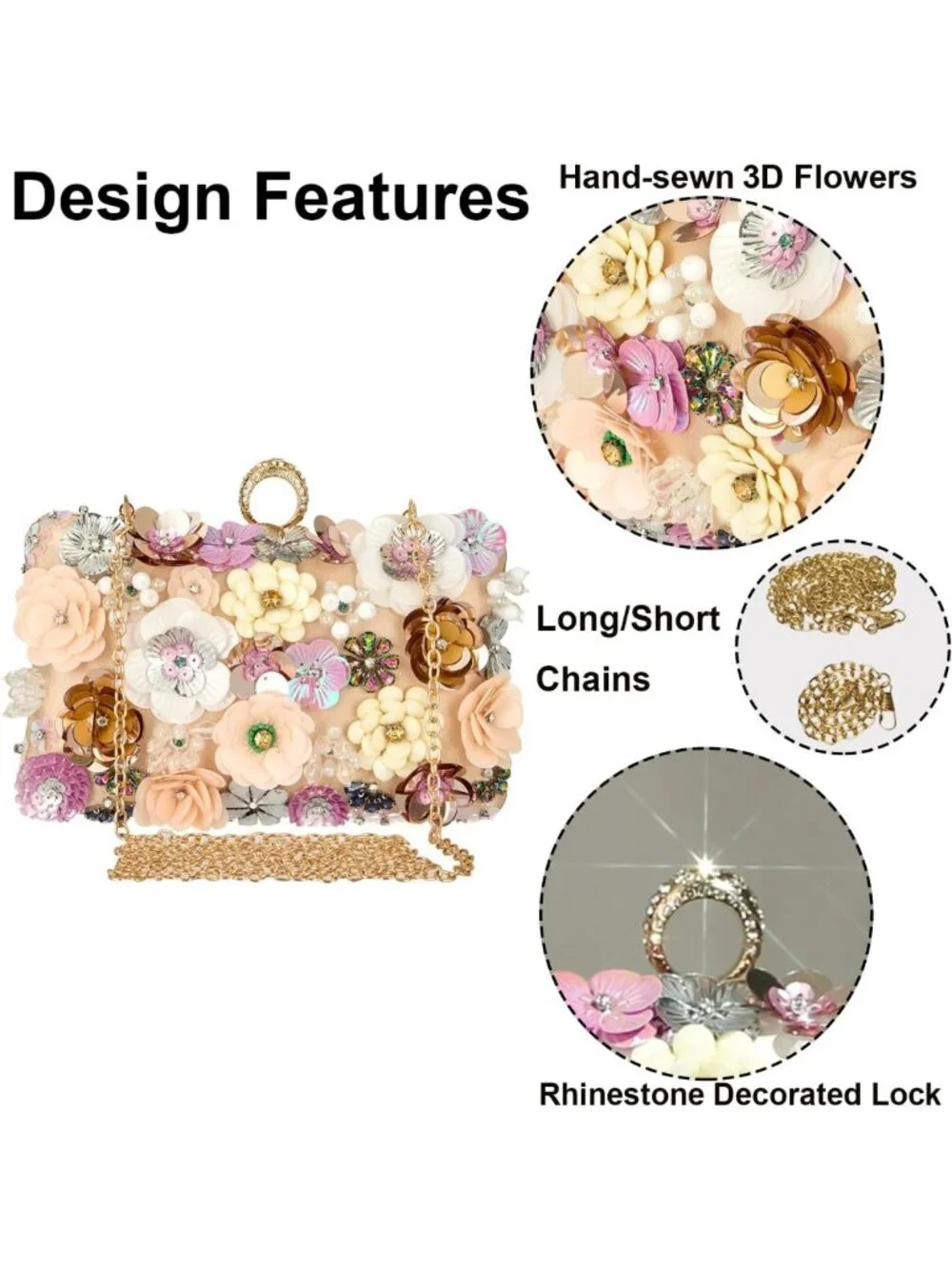 Floral Evening Clutch Bag with Rhinestones | Colorful Wedding Purse & Shoulder